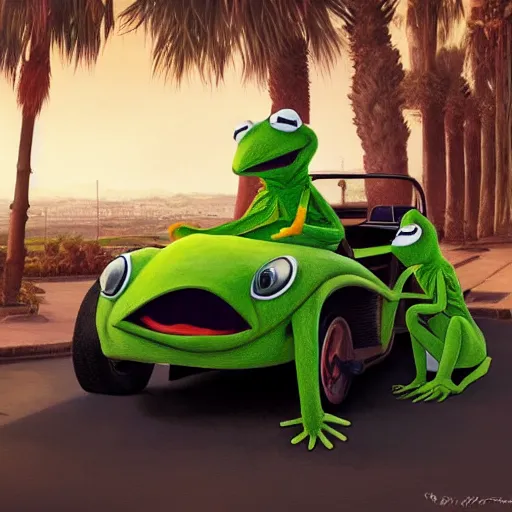 Image similar to photo of kermit driving a car, wlop, moroccan city, mosque, palm trees, redneck country, style in digital painting, concept art, smooth illustration, by ruan jia and mandy jurgens and william - adolphe bouguereau, artgerm