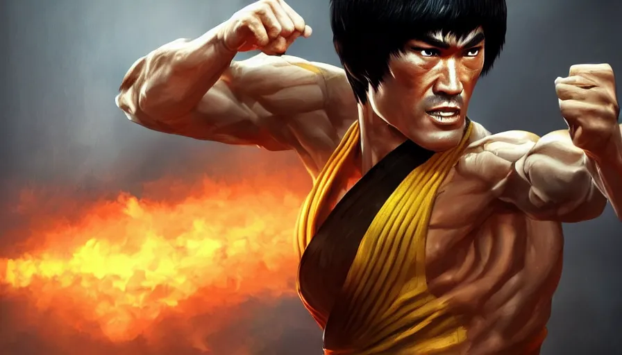 Prompt: Bruce Lee in Mortal Kombat, hyperdetailed, artstation, cgsociety, 8k