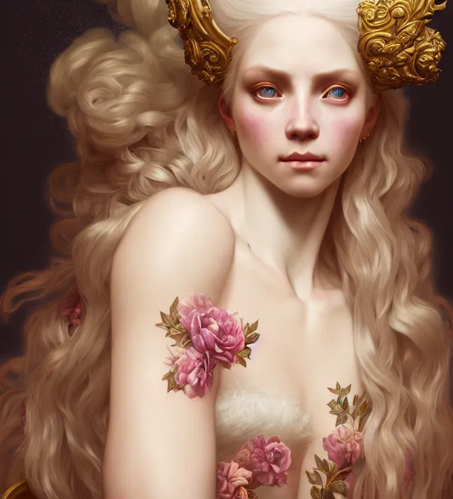 Prompt: baroque portrait of a blonde princess of porceline skin, floral tattoos, cinematic lighting, photorealistic, octane render, 8 k, depth of field, art by artgerm and greg rutkowski and alphonse mucha and uang guangjian