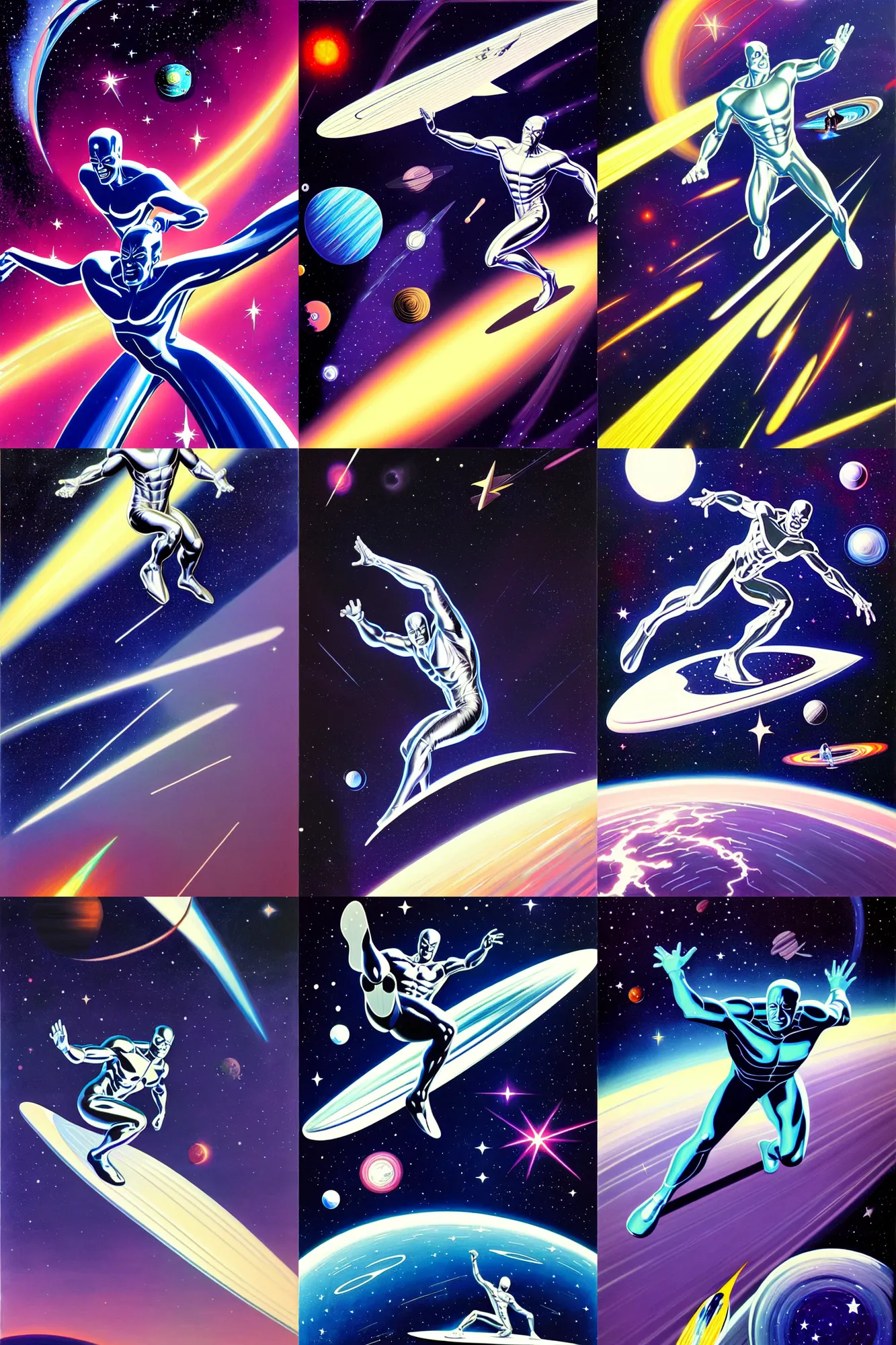 Prompt: silver surfer in space surfing on his silver surfboard using his cosmic power, with many stars in the background, painting by syd mead, very detailed and chrome, trending on artstation, behance contest winner