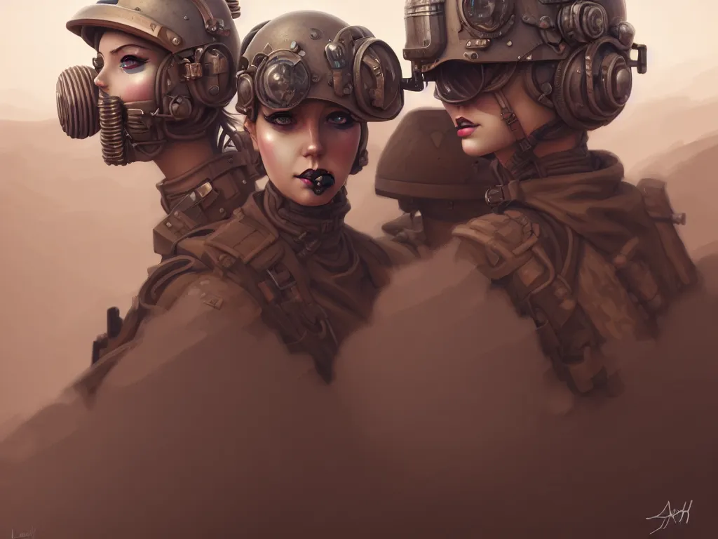 Image similar to portrait of dieselpunk blackpink lisa soldier girl, helmet, stormy sand desert, armored, highly detailed, digital painting, face detail, sharp focus, art, illustrations by loish and ayanamikodon and irakli nadar and rossdraws and wlop