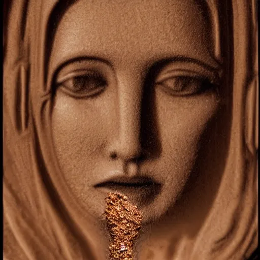 Prompt: virgin mary face image in soil on mars photo