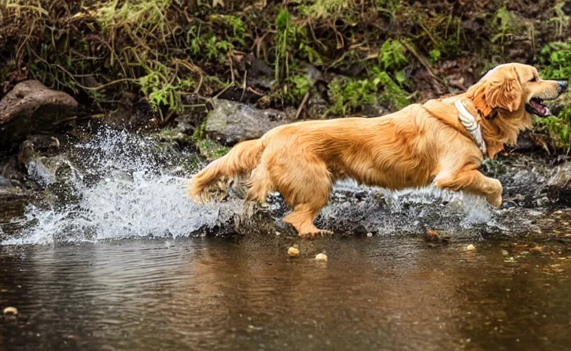 Prompt: photo of a golden retriever panning for gold in a river using a pan and finding gold nuggets