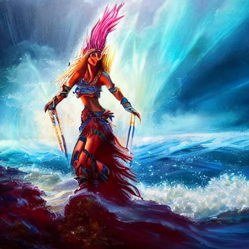 Image similar to warrior sea goddess full frame, beautiful composition, wide angle, colorful, cinematic, volumetric lighting, intricate details painting