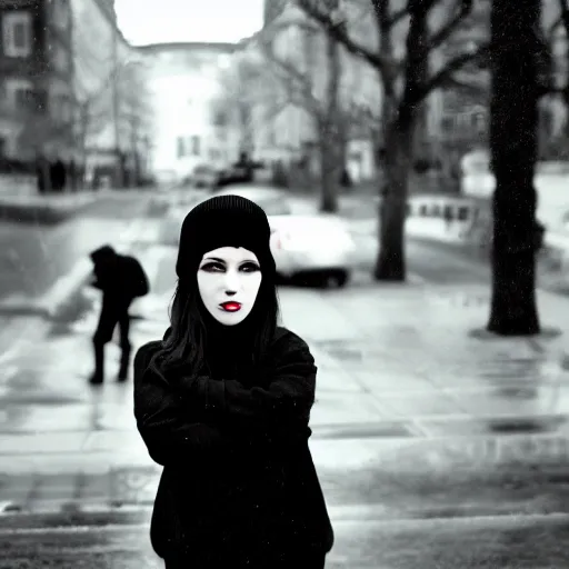 Image similar to an emo goth girl wearing a black beanie hat, British street background, black hair, 2006
