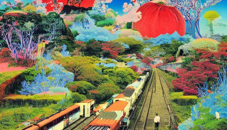 Image similar to Japan rural splendor rail travel and touring c2050, surrealist psychedelic photo-collage painting in the style of Newsweek magazine, +81 magazine, Roger Dean, Yoshio Awazu, vivid color