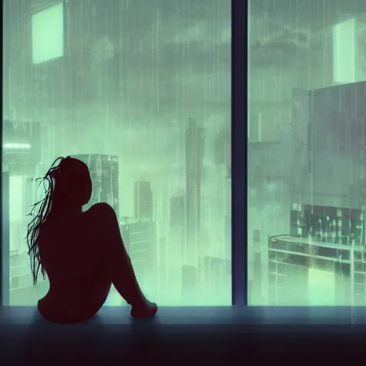 Image similar to sad girl sitting by the window looking towards a cyberpunk city, accurate features, focus, very intricate ultrafine details, masterpiece, 8 k hd, realistic shaded lighting, detailed render, detailed backgrounds, epic composition, soft neon lights, rain