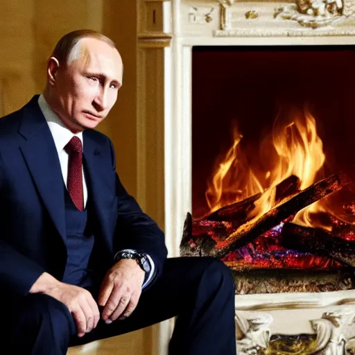 Image similar to vladimir putin in a waistcoat staring at a log fire jelious girlfriend, 1 5 0 mm lighting effect