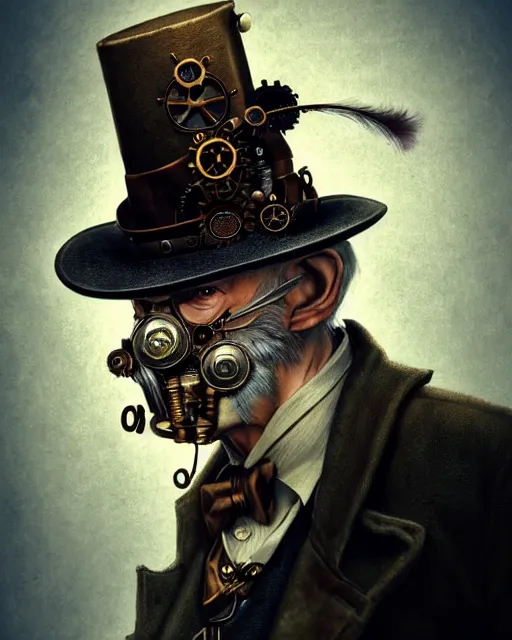 Image similar to steampunk old man portrait, handsome, steampunk hat, detective coat, steampunk monocle, hyper realistic 3 d render by ilya kuvshinov, peter mohrbacher, greg rutkowski, ryohei hase, dramatic lighting, intricate, highly detailed, sharp focus, luminous, unreal engine, blender, deviant art, masterpiece, ray tracing