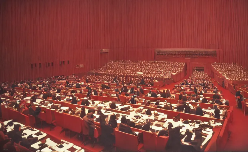 Image similar to 60s movie still of a giant stalinist style sovietic parlement with a giant USSR flag, by Irving Penn , cinestill 800t 35mm eastmancolor, heavy grainy picture, very detailed, high quality, 4k, HD criterion, precise texture, panoramic, cinematic