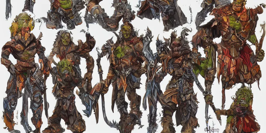 Image similar to different views of orcs, colourful intricate!! concept art by senior character artist, trending on artstation, full body character design