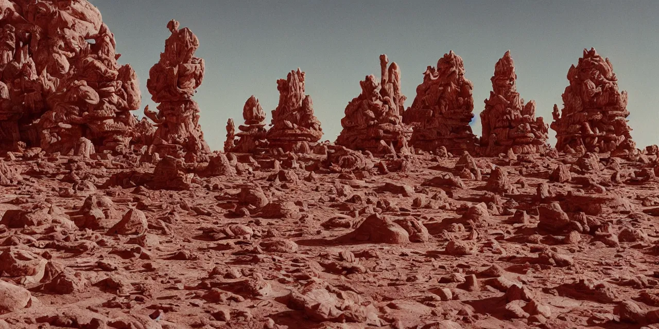 Image similar to photo of an alien temple on a surreal exoplanet, bizarre terrain, cinematic, cinestill 8 0 0 t film