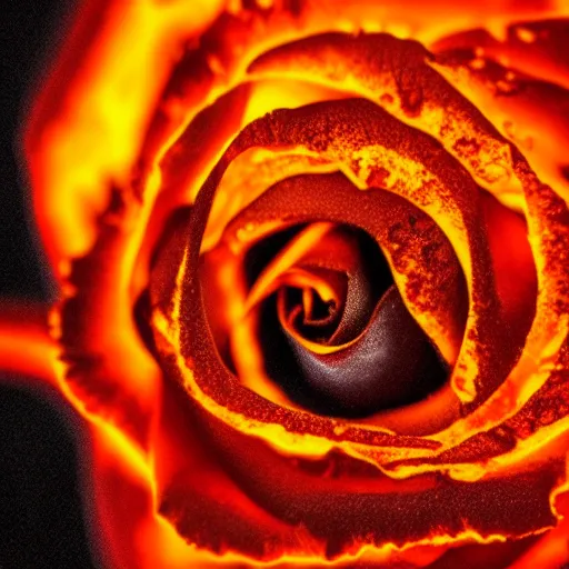 Image similar to award - winning macro of a beautiful black rose made of glowing molten magma