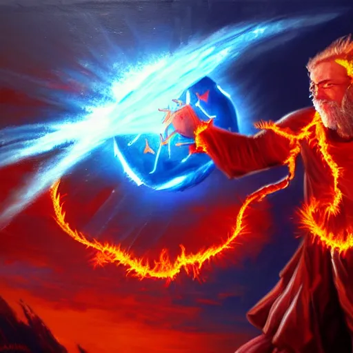 Image similar to Highly detailed oil painting, concept art, of a wizard casting a fireball spell, fighting against a huge ice giant, red and blue color scheme, concept art, highly detailed.