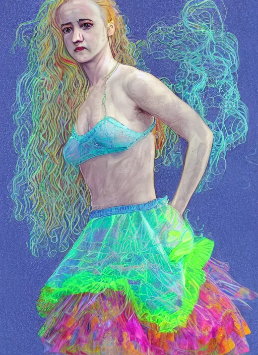 Image similar to surrealism psychedelic full body portrait sketch of julia garner as delirium of the endless in fishnet top and rainbow tutu skirt from the sandman, floating goldfish, green and blue eye heterochromia by alex ross, josh kirby, detailed, elegant, intricate