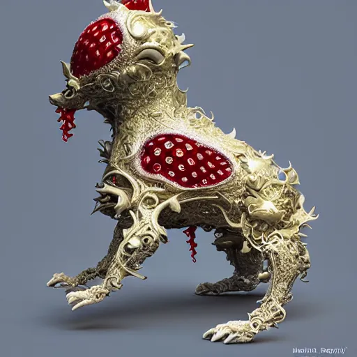 Prompt: strawberry corgi : by michal karcz, daniel merriam, victo ngai and guillermo del toro : ornate, dynamic, particulate, intricate, elegant, highly detailed, centered, artstation, smooth, sharp focus, octane render