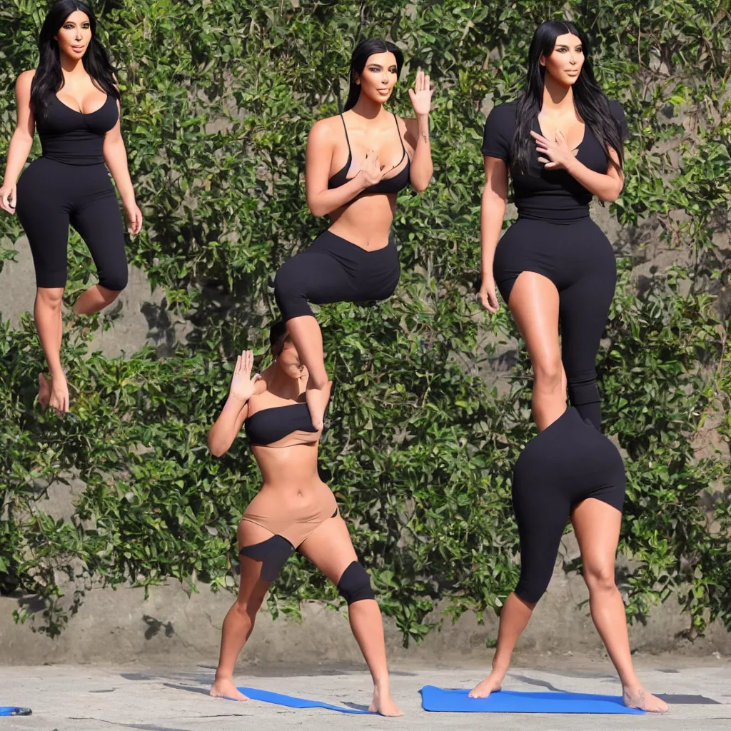 Prompt: kim kardashian, full body pose, yoga, 8 k, tan