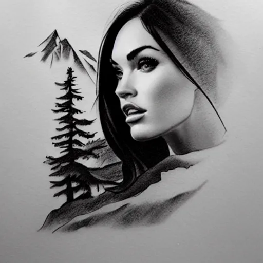 Image similar to realism tattoo sketch of double exposure megan fox with beautiful mountain scenery, in the style of andrey lukovnikov
