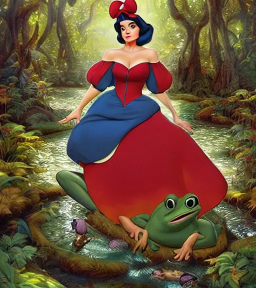 Image similar to Disney art of Salma Hayek as snow white in a forest on a frog pond, by artgerm, makoto sinkai, magali villeneuve, Gil Elvgren, Earl Moran,Enoch Bolles, symmetrical,