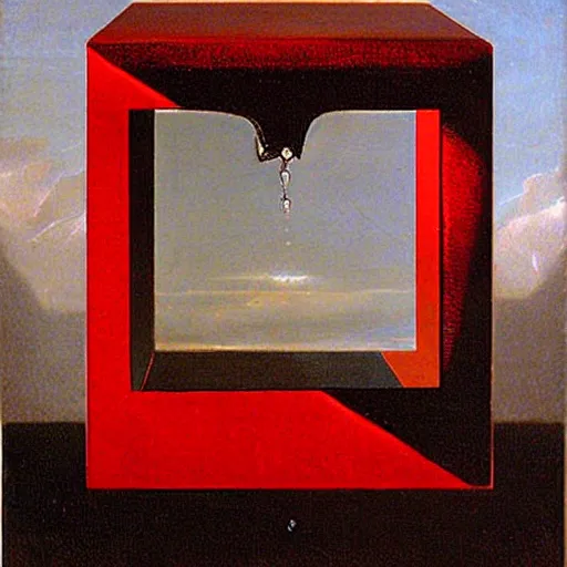 Prompt: chrome spheres on a red cube by caspar david friedrich