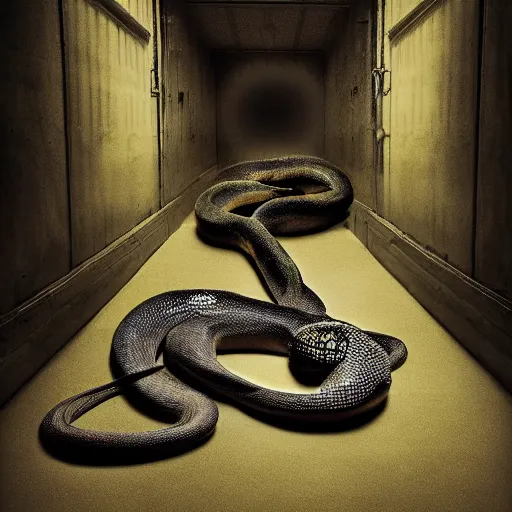 Image similar to A dark room with a large colored snake in the center of it, awarded photograph, dark fantasy, dramatic lighting