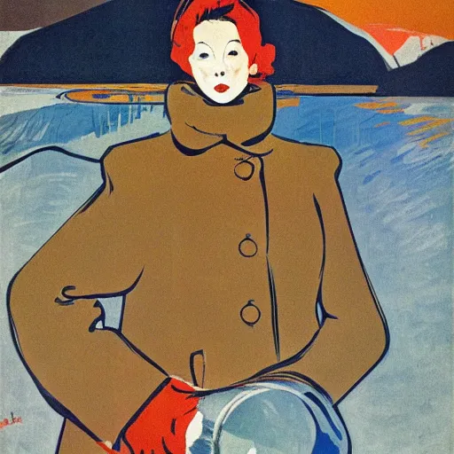 Prompt: a woman in a parka drinking a bottle of coke in an icy landscape, constructivist, russian, soviet advertisement, 1 9 6 0's, by henri toulouse lautrec