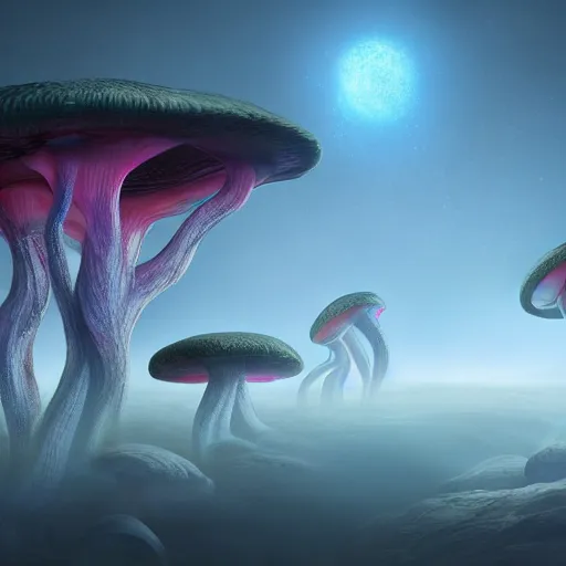 Image similar to eldritch shore scientists take their first steps on a strange alien planet full of mushrooms and other complex fungi, 8 k resolution matte painting trending on artstation an