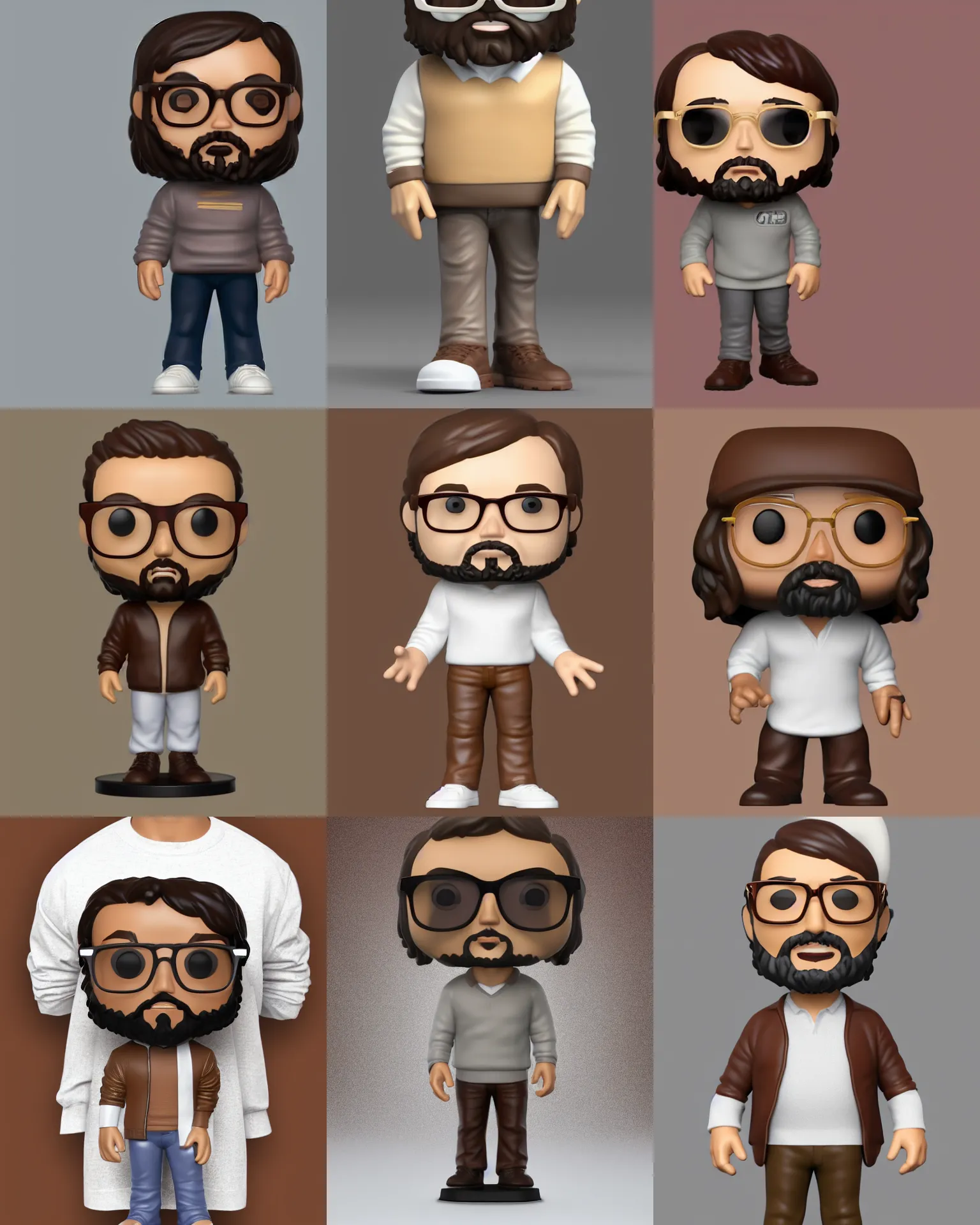 Prompt: full body 3d render of jesus wearing tobacco brown pullover, glasses, white collar, as a full body funko pop!, studio lighting, grey background, single body, no shadow, blender, trending on artstation, 8k, highly detailed