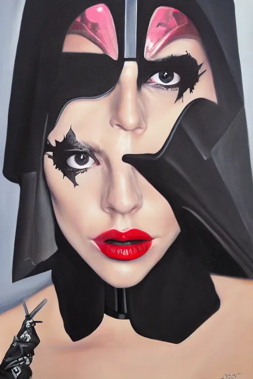 Image similar to 50% Lady Gaga, 50% Darth Vader, oil on canvas, intricate, portrait, 8k highly professionally detailed, HDR, CGsociety