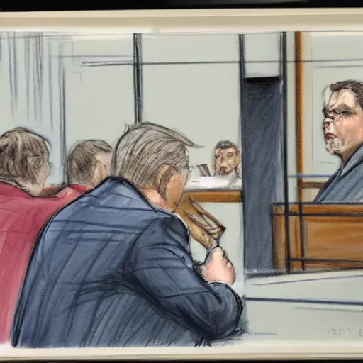 Prompt: a dog in a addressing a jury of mailmen, courtroom sketch