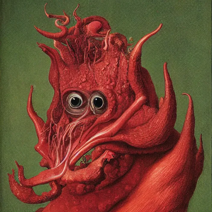 Image similar to close up portrait of a mutant monster creature with face in the shape of a colorful exotic dark red carnivorous plant, snail - like protruding eyes. by jan van eyck, audubon