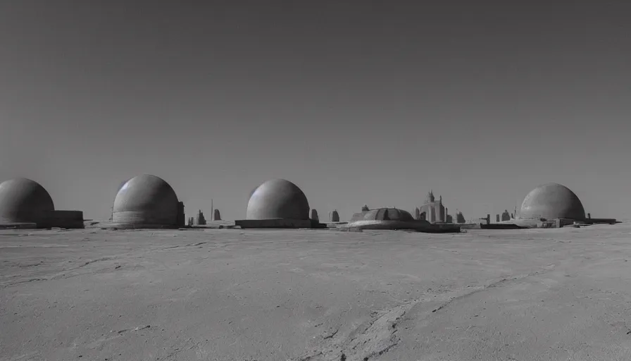 Prompt: mos eisley spaceport in a dust storm with strange skeletal domed buildings designed by hr giger