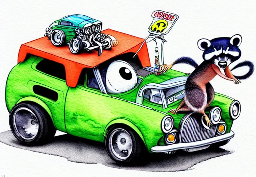 Image similar to cute and funny, racoon riding in a tiny hot rod coupe with oversized engine, ratfink style by ed roth, centered award winning watercolor pen illustration, isometric illustration by chihiro iwasaki, edited by range murata