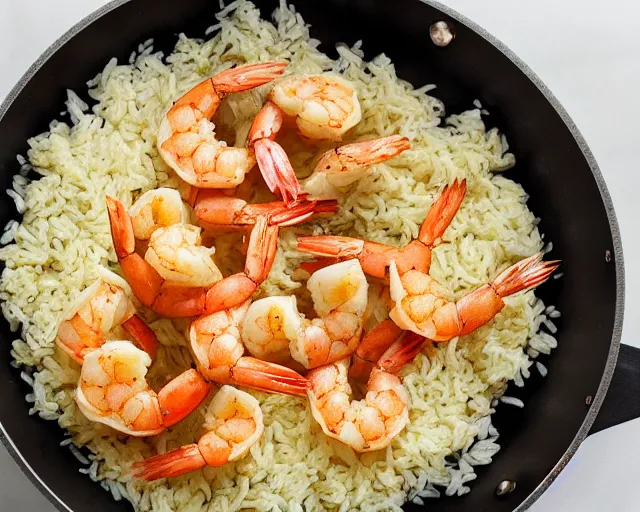 Prompt: photo of a shrimp wearing a chef hat and frying rice in a skillet in a kitchen