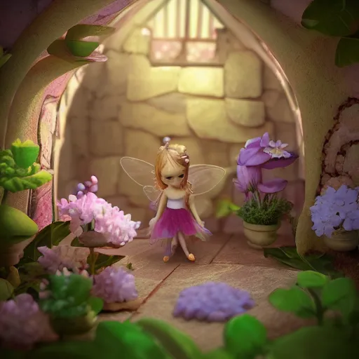 Image similar to a tiny cute fairy in a flower house, cute, adorable, volumetric light, octane render, trending on artstation