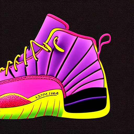 Prompt: advertising product photo of Jordan 12 sneakers design in the 80s, vibrant colors, black background, spot lighting, realistic HD photo