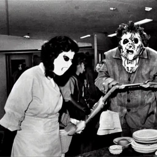 Prompt: Leatherface as a cafeteria attendant dishing out lunch to school kids in thr cafeteria at lunch time