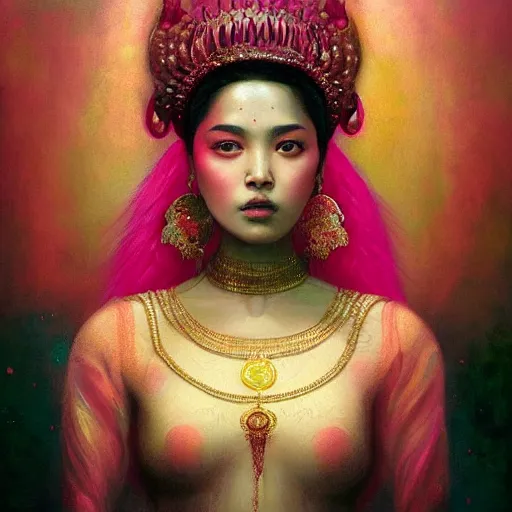 Prompt: portrait of a majestic asian indian queen of beauty, pink and gold, by Anato Finnstark, Tom Bagshaw, Brom