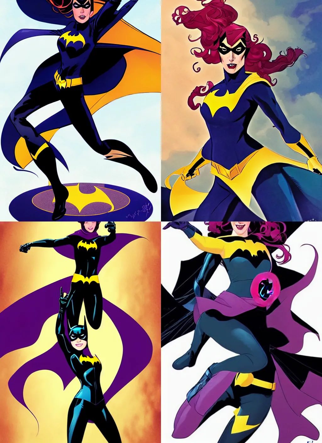 Prompt: in the style of Joshua Middleton comicbook cover art, Batgirl, action pose, smile