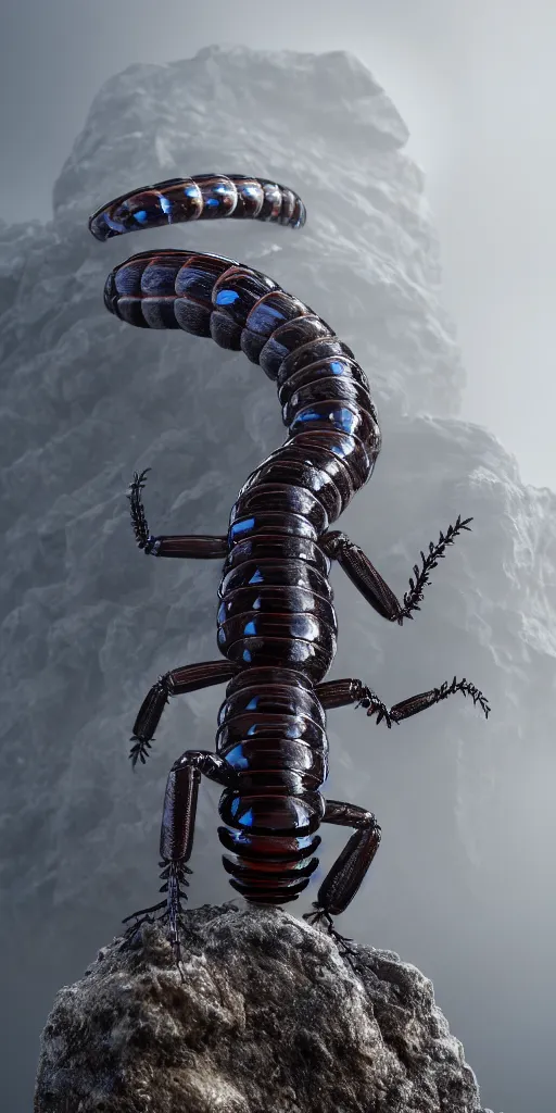 Image similar to professional photo shot of a cybernetic scolopendra made of silica crystal, rocks in the background, surrounded by of fog, grimy, gritty, trending on artstation, award winning, close shot, by aleks labuda and barry webb