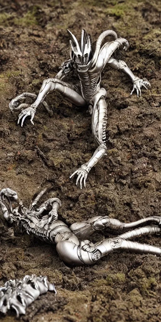 Image similar to bootleg figure of a plastic platinum xenomorph diorama crushed on the ground surrounded of dirt and moss secondhand, dramatic airbrush stormcloud by Luis Royo, mcfarlane, cursed photography, middle shot