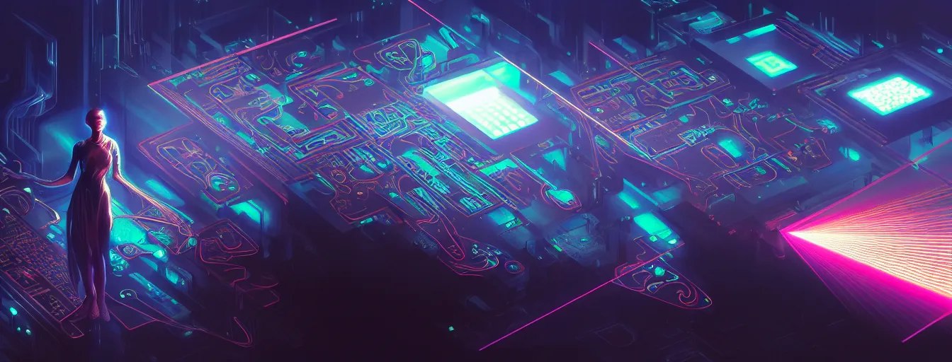 Image similar to lasers, circuit board artifacts, holographic case display, a. i. artificial intelligence tech, ultrarealistic, futuristic, dramatic lighting, electrical details, high details, 4 k, 8 k, best, accurate, trending on artstation, photorealism, digital painting, style of peter mohrbacher, caravaggio, hajime sorayama, dali, boris vallejo