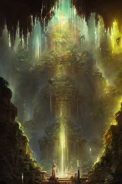 Prompt: Detailed Interior of Temple Ruins, Cascading Waterfalls, light of god, light shafts, candles, stunning atmosphere, in Style of Peter Mohrbacher, cinematic lighting