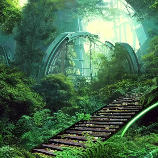 Prompt: stairs leading to a derelict portal in a middle of a lush futuristic forest, alien world seen through a portal, daylight, cinematic lighting, blue sky, syd mead, john harris