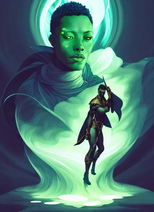 Prompt: style artgerm, joshua middleton, illustration, wesley snipes as a warrior monk wearing green pelt light armor, blue hair, swirling water cosmos, fantasy, dnd, cinematic lighting