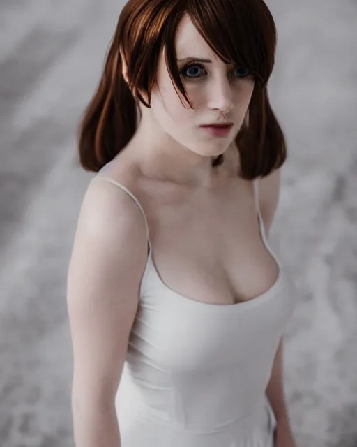 Prompt: 2 8 mm portrait of gorgeous emily skinner cosplaying annie leonhart wearing tight white dress, pale skin, rule of thirds, cinematic lighting, sharp focus, backlit, stunning, smooth, hard focus, glamour pose, full body shot, octane 8 k, higly detailed