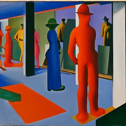 Image similar to factory workers by oskar schlemmer, oil on canvas, pastel colors, edward hopper
