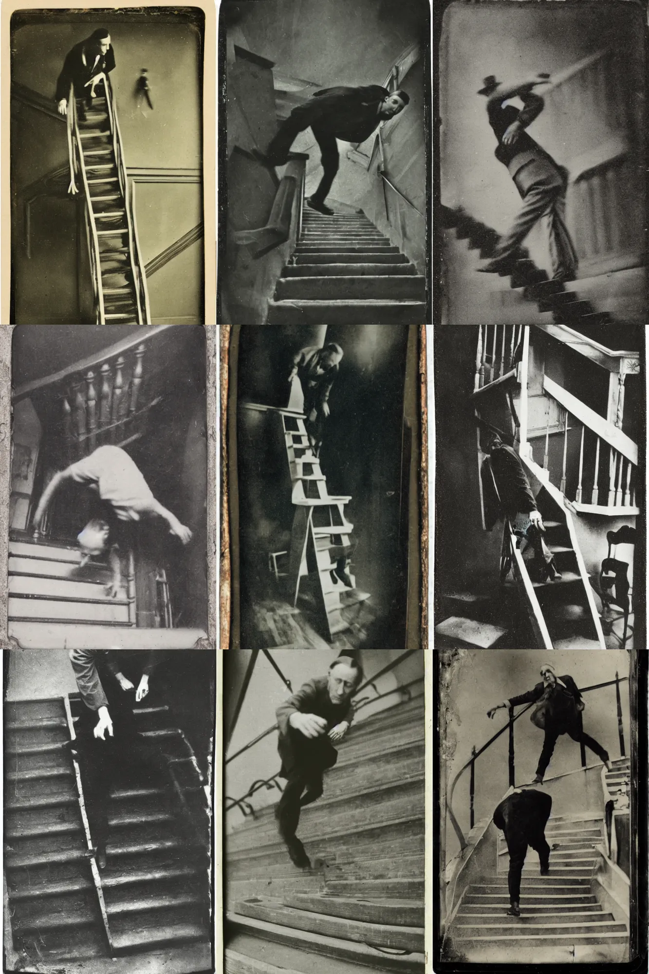 Prompt: an old tintype of someone pushing Marcel Duchamp falling down stairs