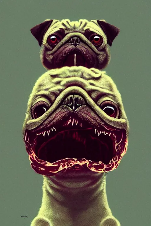 Image similar to demon pug eating flesh. art by mike winkelmann, sticker, illustration, highly detailed, artstation