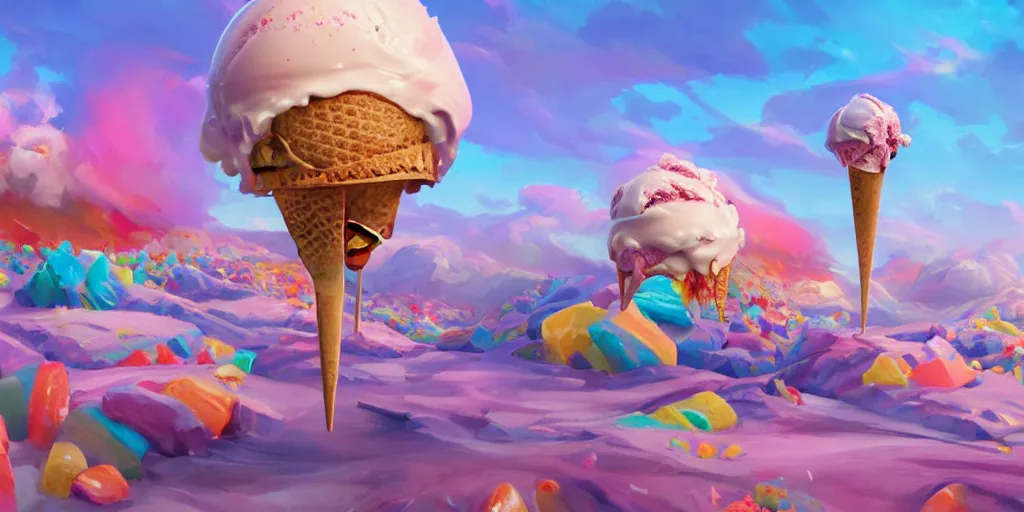 Prompt: ice cream candy apocalypse, colorful, wide angle, super highly detailed, professional digital painting, artstation, concept art, smooth, sharp focus, no blur, no dof, extreme illustration, Unreal Engine 5, Photorealism, HD quality, 8k resolution, cinema 4d, 3D, beautiful, cinematic, art by artgerm and greg rutkowski and alphonse mucha and loish and WLOP